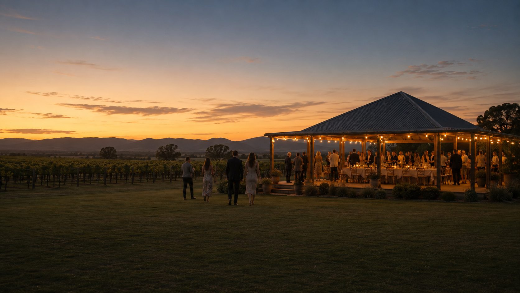 Guests gathering at the pavilion as the light drops