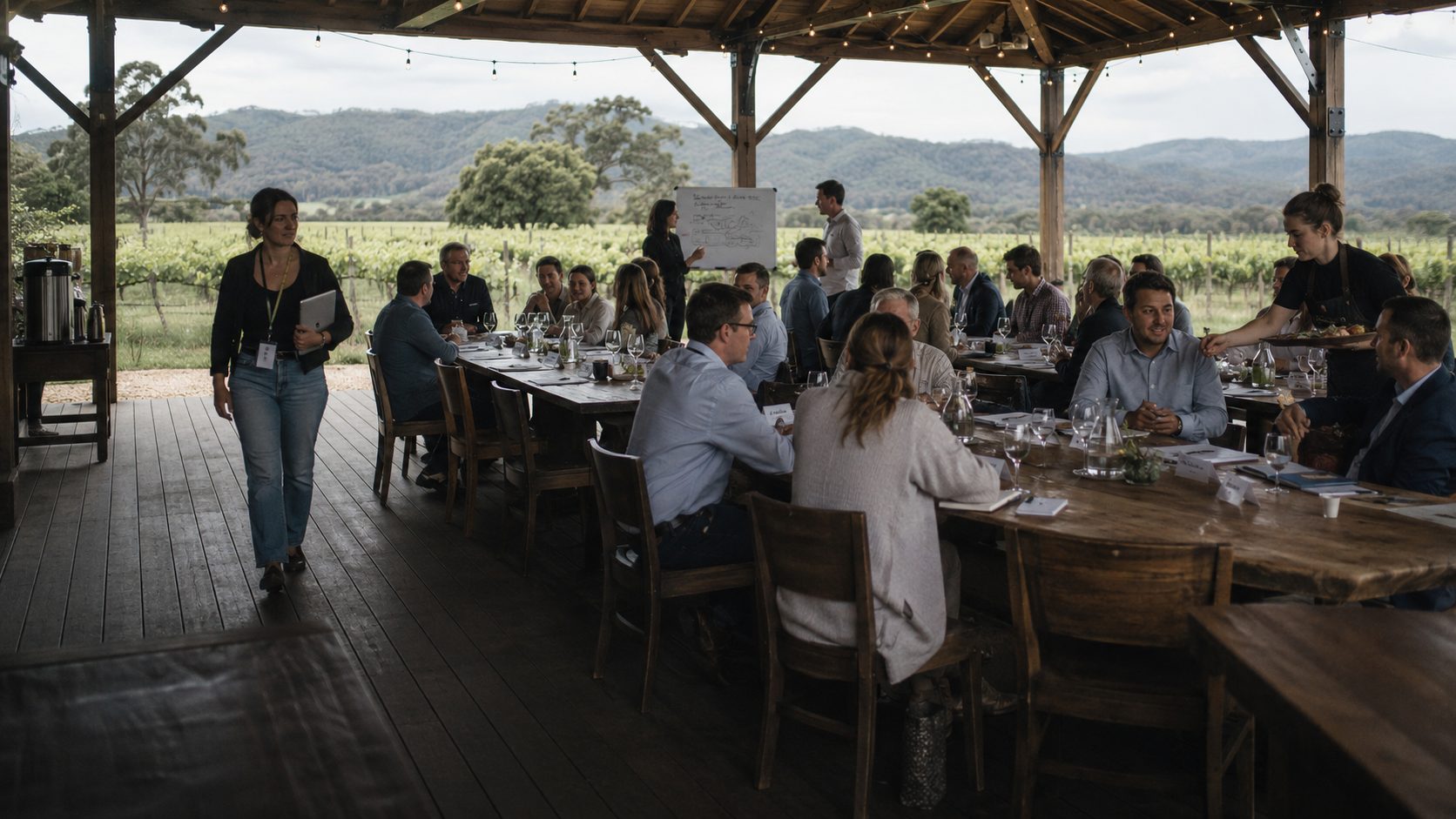 A team working at long tables in the pavilion