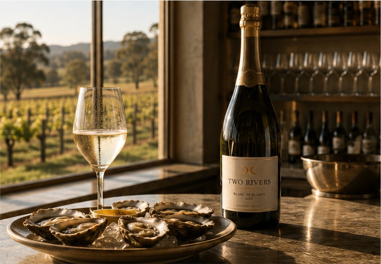 Oysters and a bottle of sparkling at the cellar door bar, vineyard beyond the window