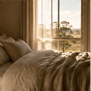 Cottage bedroom in soft morning light, linen bedding by the window