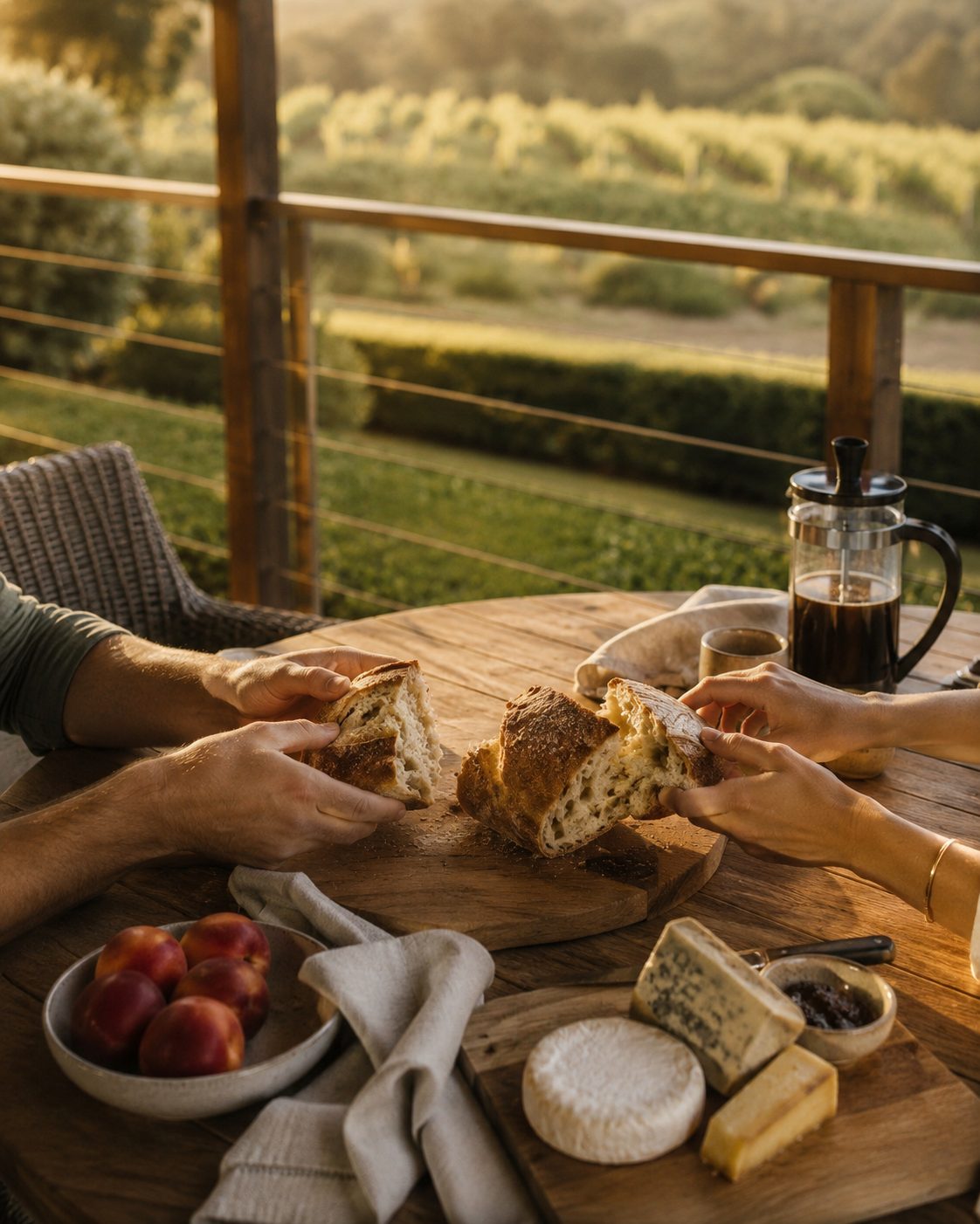 Coffee and pastries on a timber table in morning light