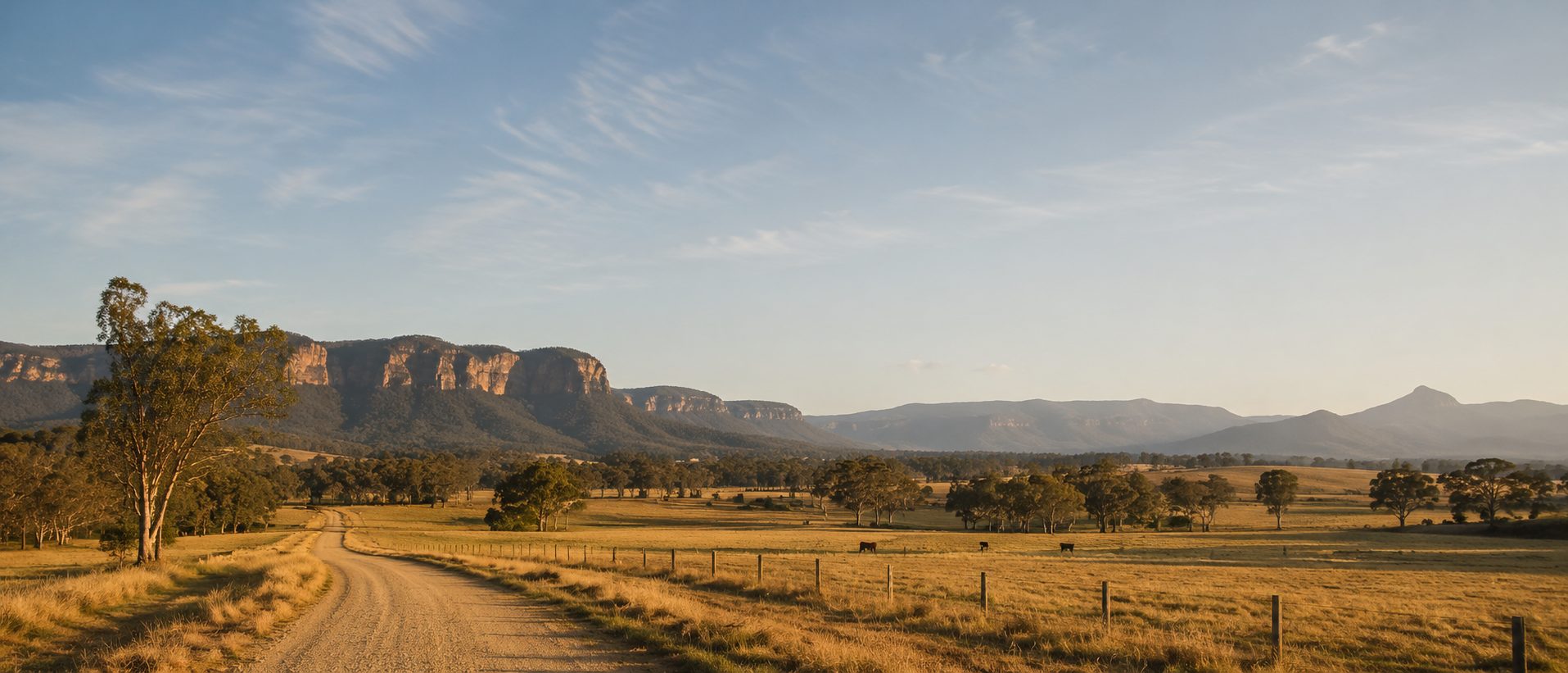 Open Upper Hunter country — a dirt road running toward the Wollemi ranges in late afternoon