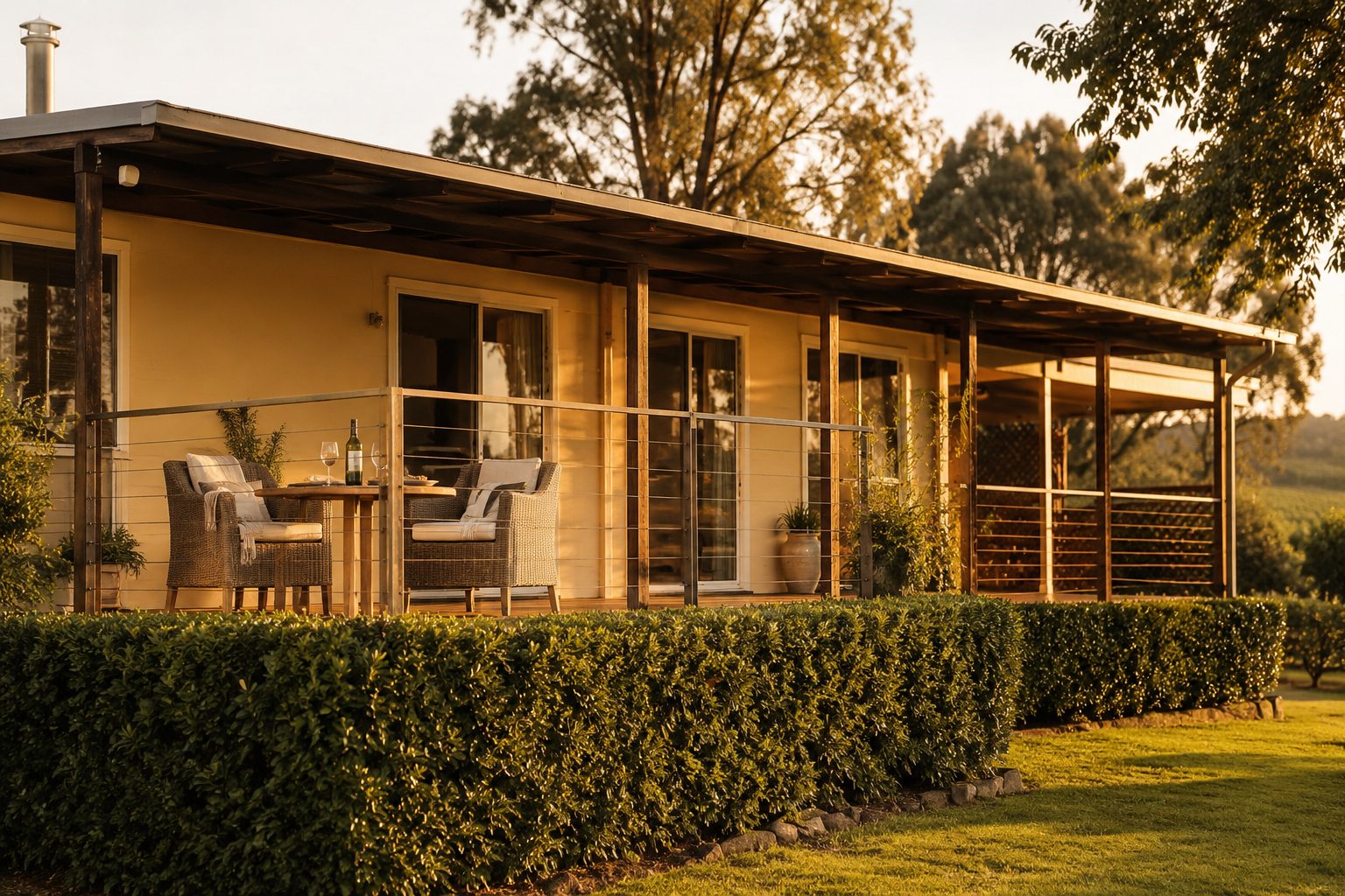 The cottage verandah set for the morning