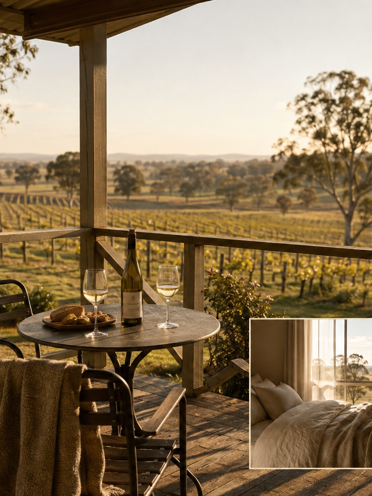 The cottage veranda at golden hour — wine and bread on the table, vineyard rows beyond