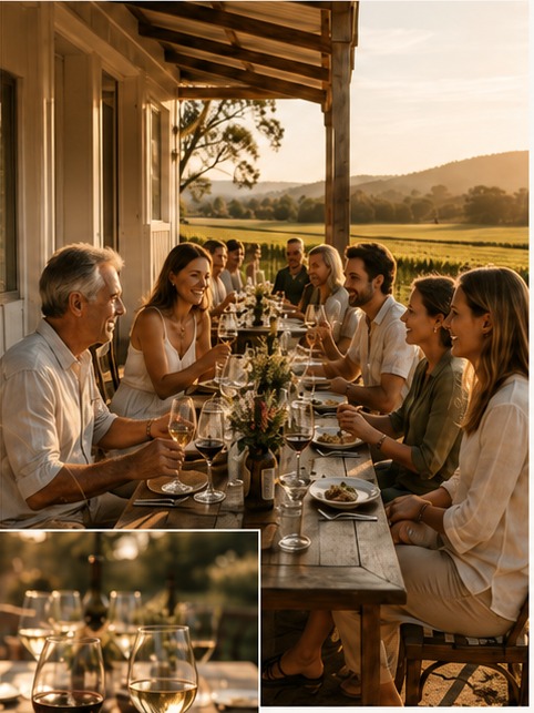 Family and friends sharing a long table under the veranda at golden hour, vineyard behind