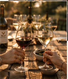 Two hands raising glasses of red and white wine over the table