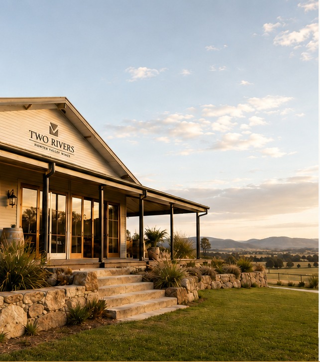 The Two Rivers cellar door — sandstone steps and lawn under a big afternoon sky