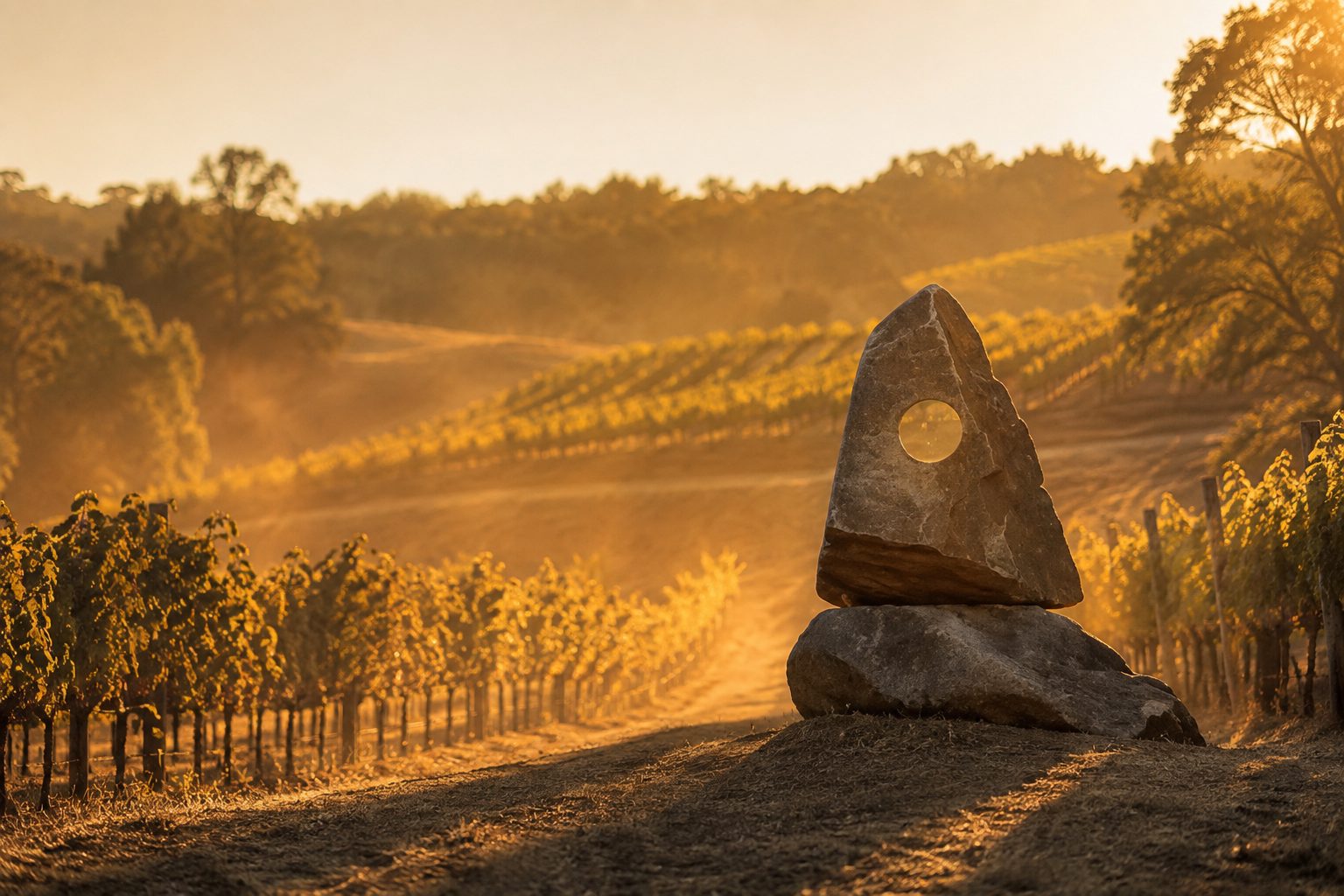 The sandstone sculptures in golden light